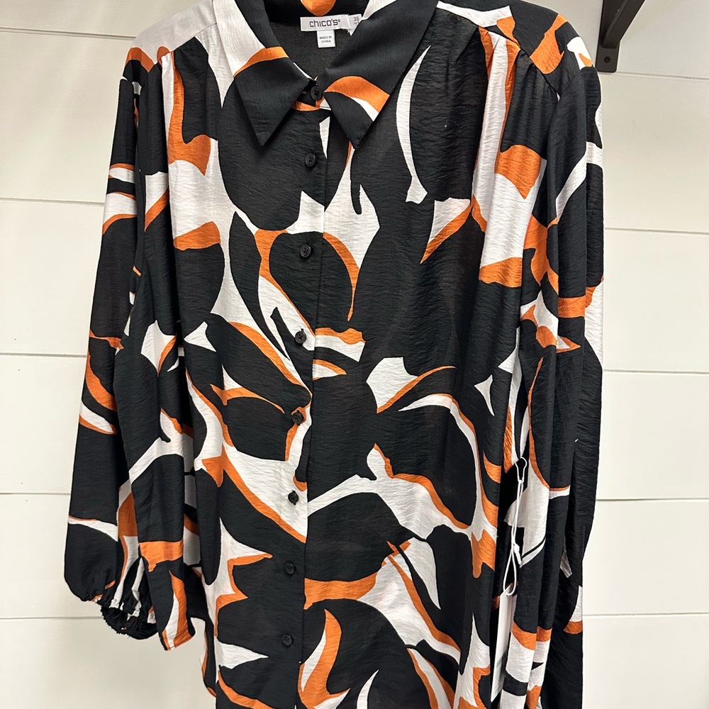 Chico's Bold Black, White, and Orange Button Down Shirt